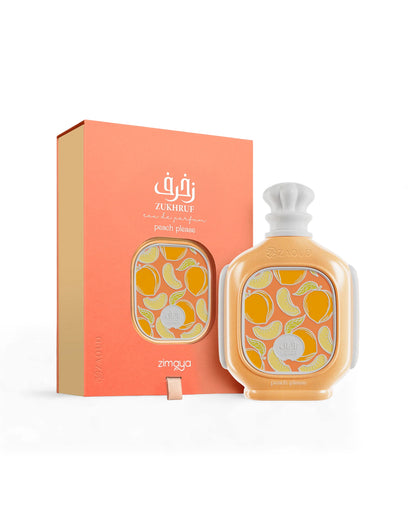 ZIMAYA zukhruf peach please perfume bottle shows beside its packaging against white background