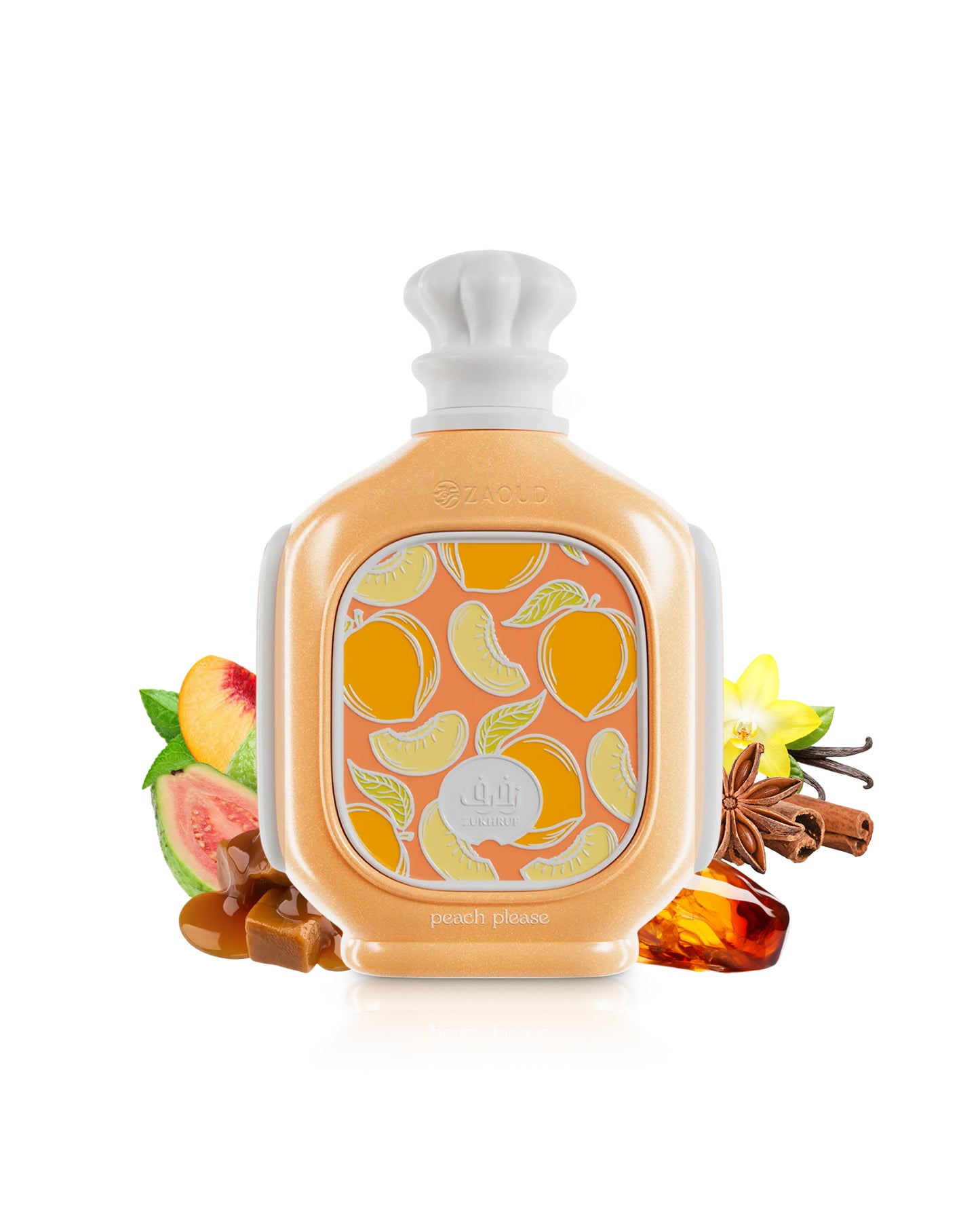 ZIMAYA zukhruf peach please perfume bottle surrounded by feagrances notes like amber and caramel shows against white background