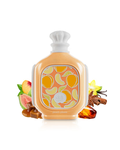 ZIMAYA zukhruf peach please perfume bottle surrounded by feagrances notes like amber and caramel shows against white background