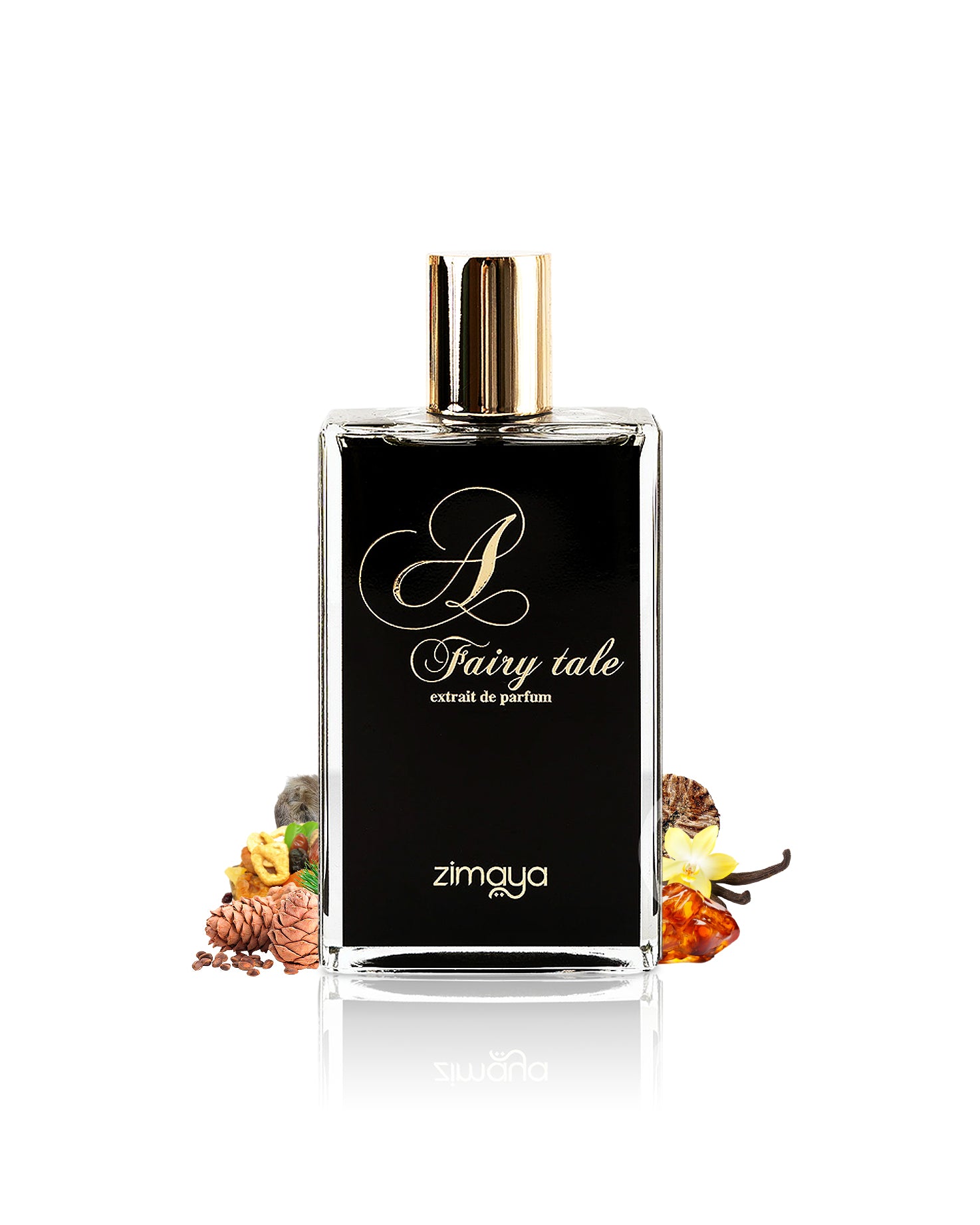 zimaya a fairy tale extrait de parfum bottle surrounded with its ingredients like dried fruits and vanilla shows from behind the bottle against white background