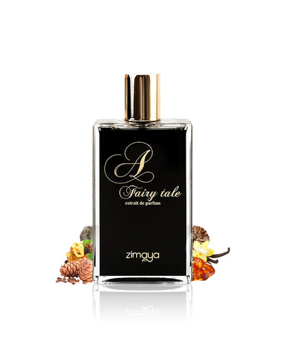 zimaya a fairy tale extrait de parfum bottle surrounded with its ingredients like dried fruits and vanilla shows from behind the bottle against white background