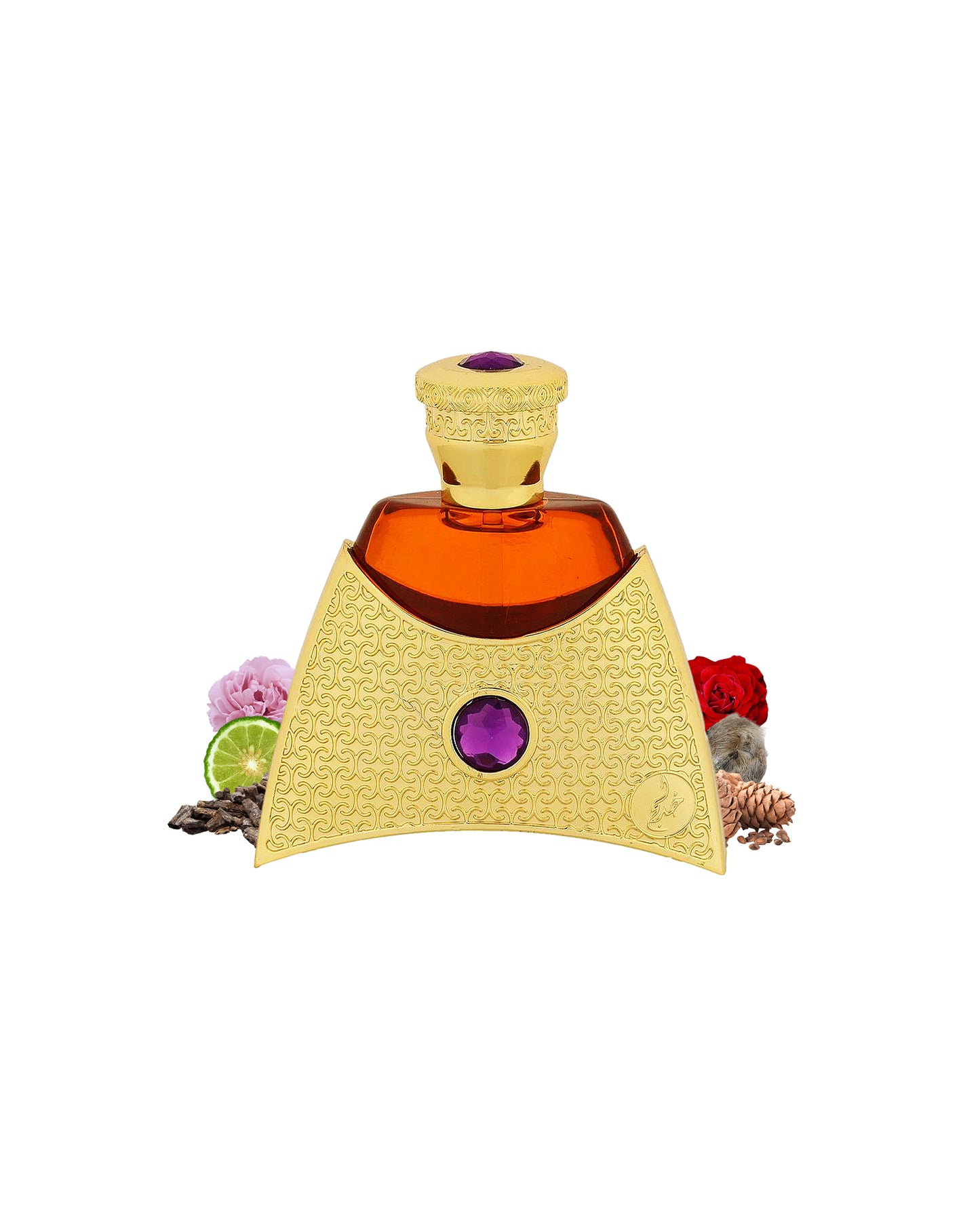 khadlaj aaliya perfume oil bottle surrounded with its ingredients like rose and peony shows from behind the bottle against white background