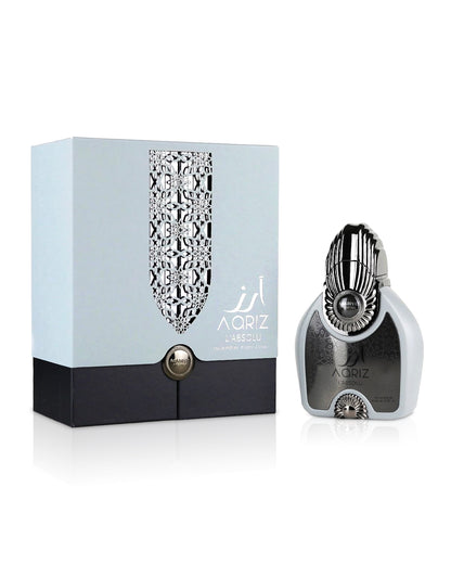 Arabiyat Prestige AARIZ L'ABSOLU PERFUME BOTTLE shows beside its box against white background