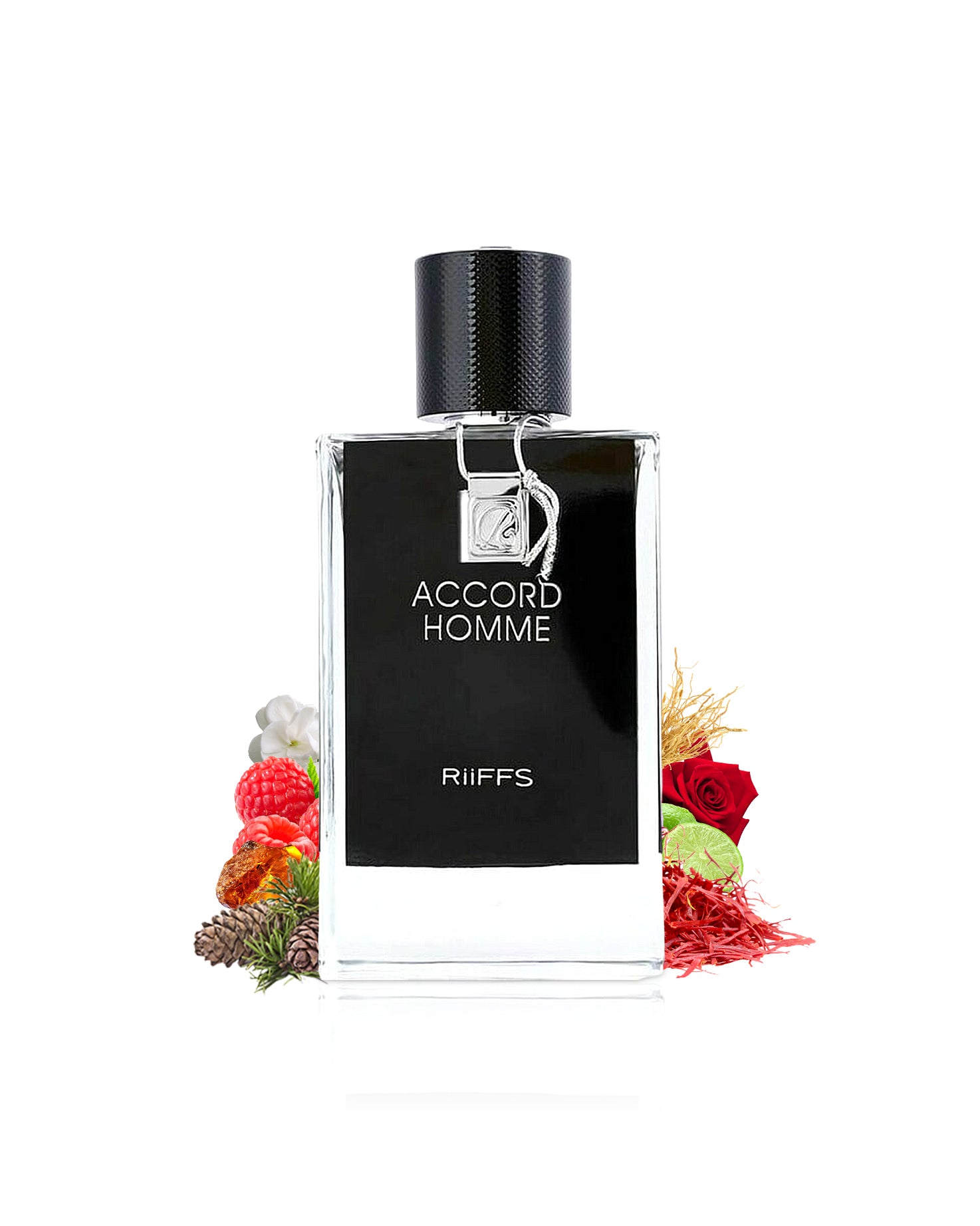 acoord homme by riiffs perfumes bottle surrounded with its ingredients like raspberry and rose with many others shows from behind the bottle against white background