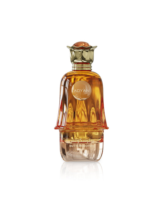 adyan butterscotch Perfume bottle with gold cap on a white background