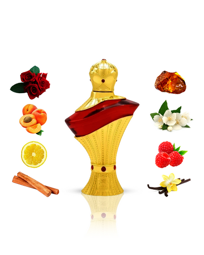 afaf perfume oil by naseem perfume bottle surrounded with its ingredients like rose and amber shows against white background