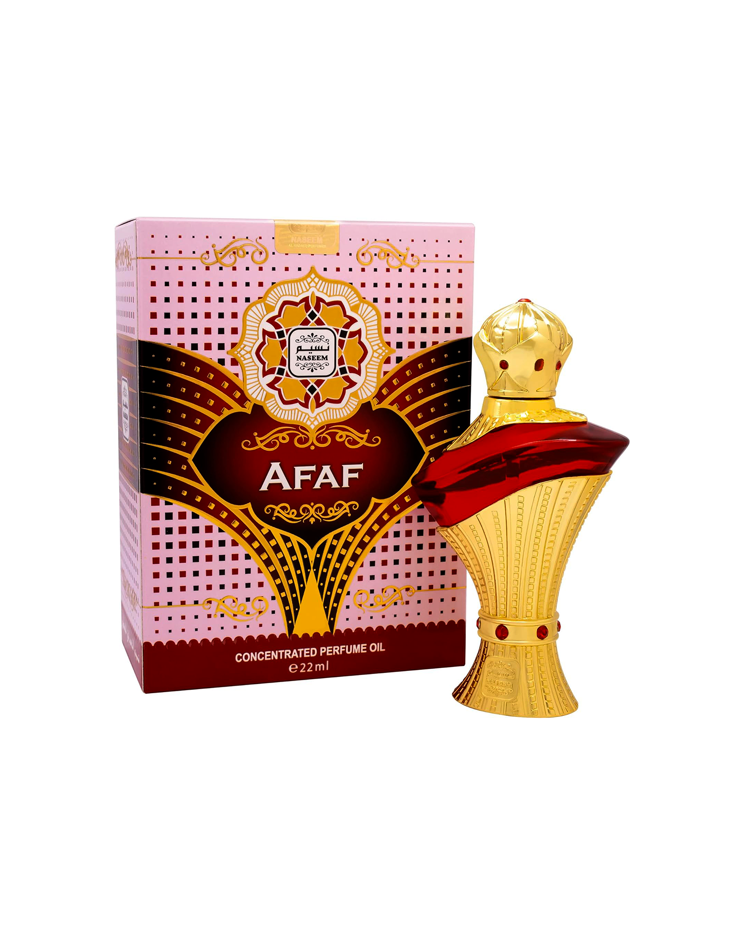 afaf perfume oil by naseem perfume bottle beside its box shows against white background