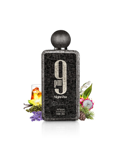 afnan 9 pm night out perfume bottle surrounded by fragrance notes like lavender and vanilla shows against white background