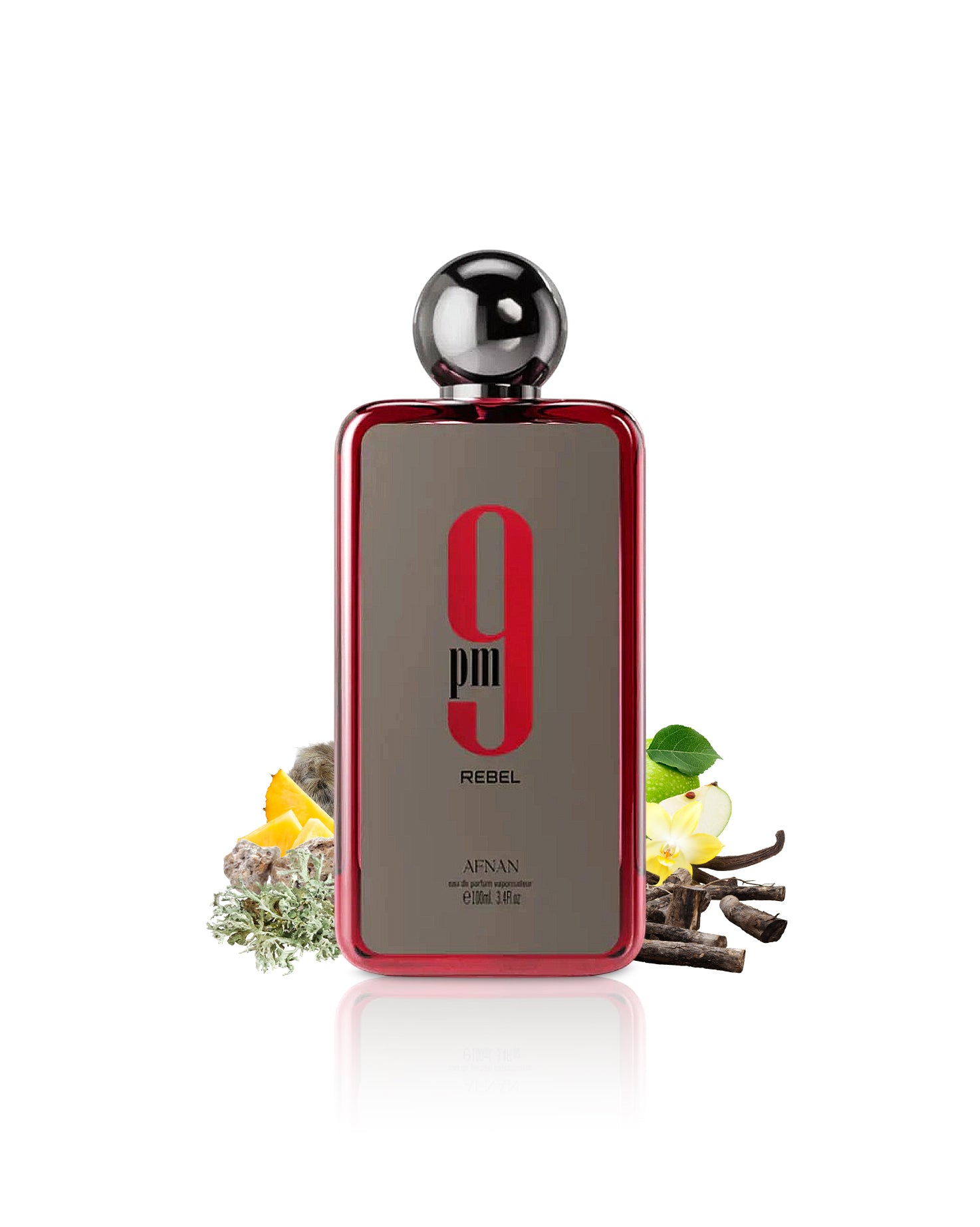 afnan 9 pm perfume bottle surrounded with fragrance notes like ananas and vanilla shows against white background