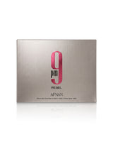 Afnan 9 pm REBEL gift set box shows against white background