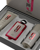 Afnan 9 pm REBEL gift set with perfume bottle beside deodorant and showergel shows inside box with closeup view