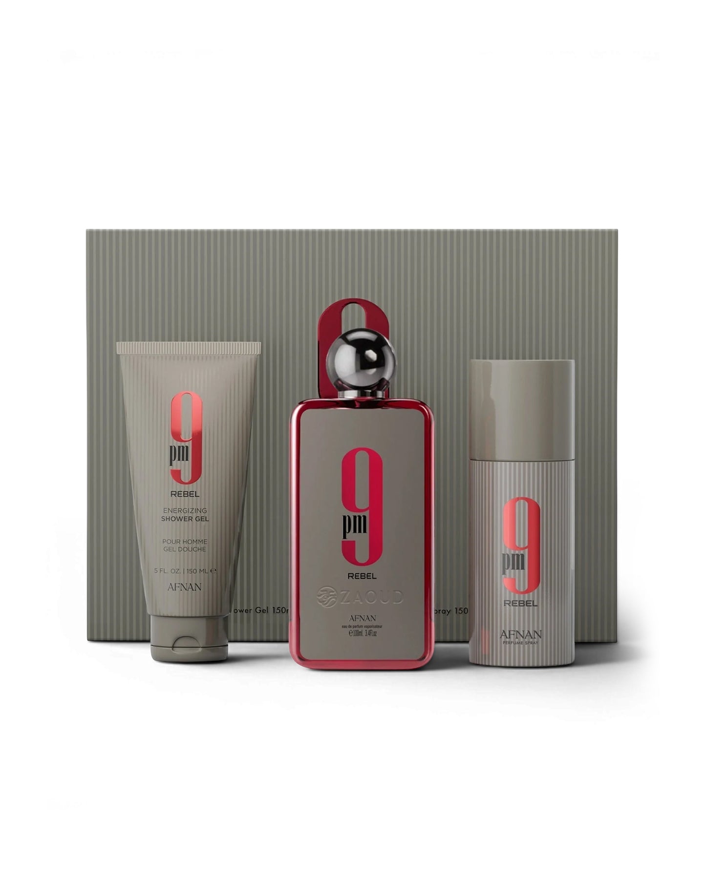 Afnan 9 pm REBEL gift set with perfume bottle beside deodorant and showergel shows outside box against white background