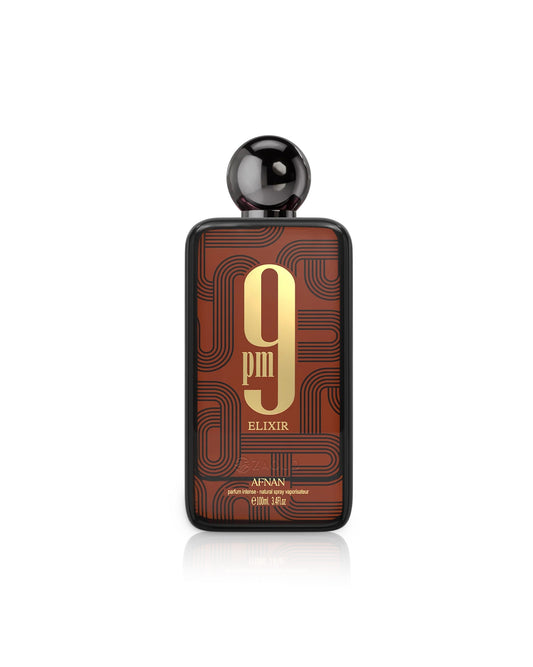 afnan 9pm elixir Perfume bottle labeled '9pm Elixir' by Afnan on a white background