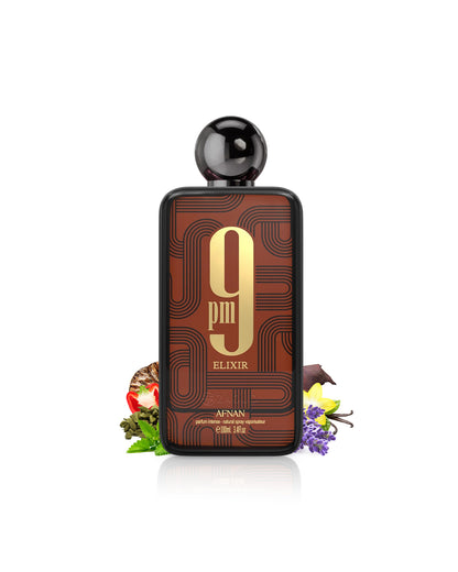 afnan 9pm elixir Perfume bottle labeled '9 Elixir' with decorative elements like cardamom and lavender on a white background
