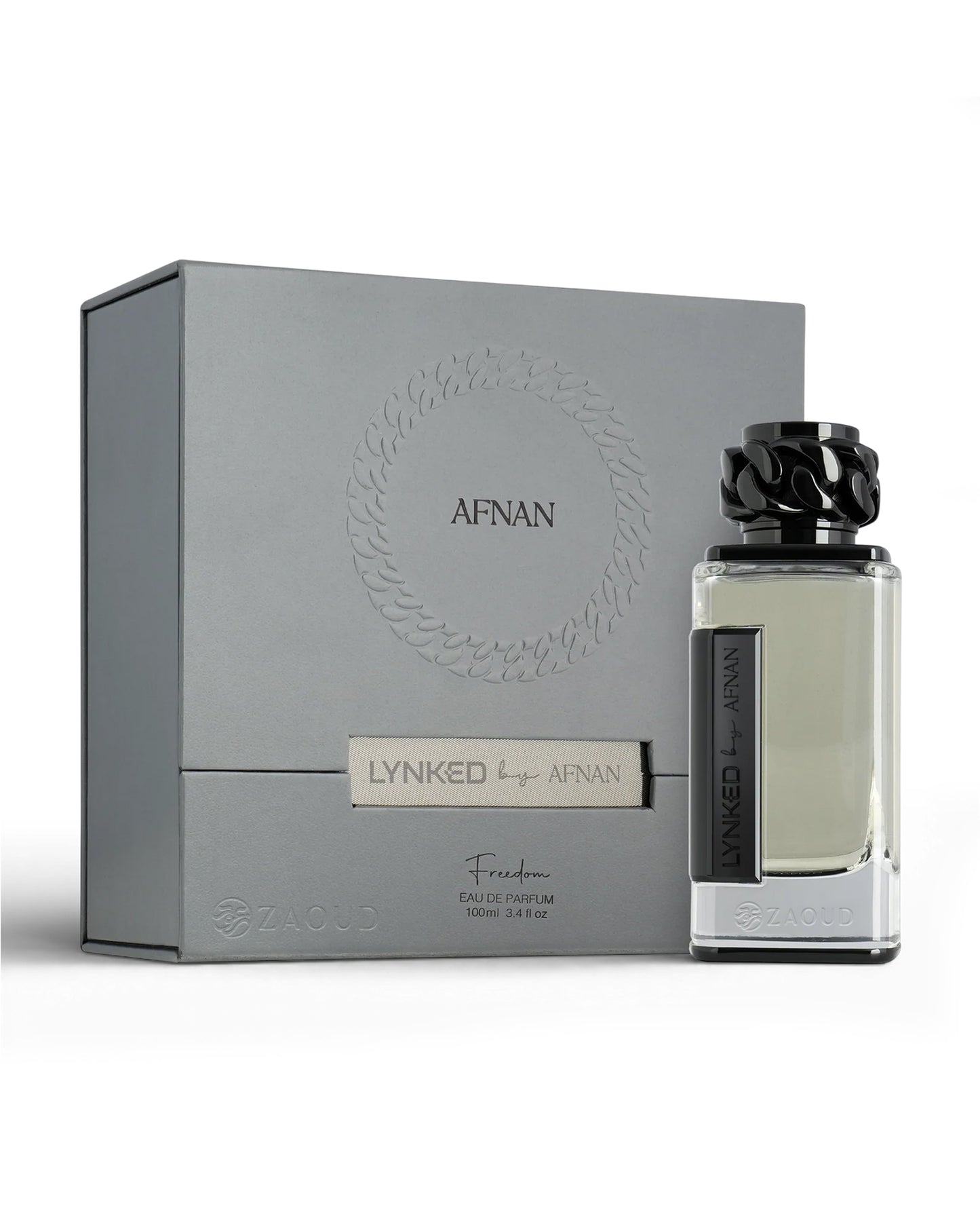 afnan lynked freedom perfume bottle shows beside its packaging against white background