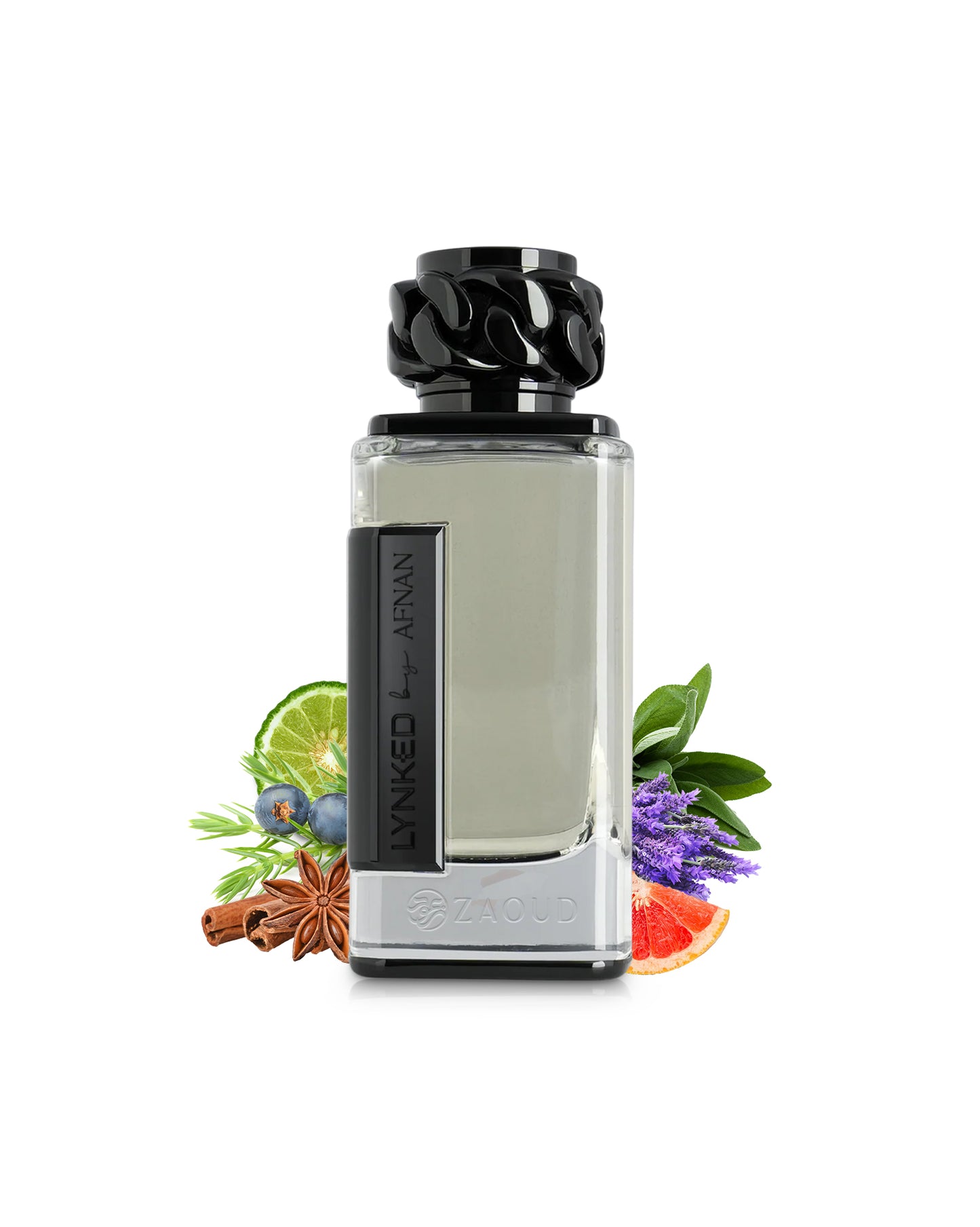 afnan lynked freedom perfume bottle surrounded by fragrance notes like cinnamon and lavender shows against white background