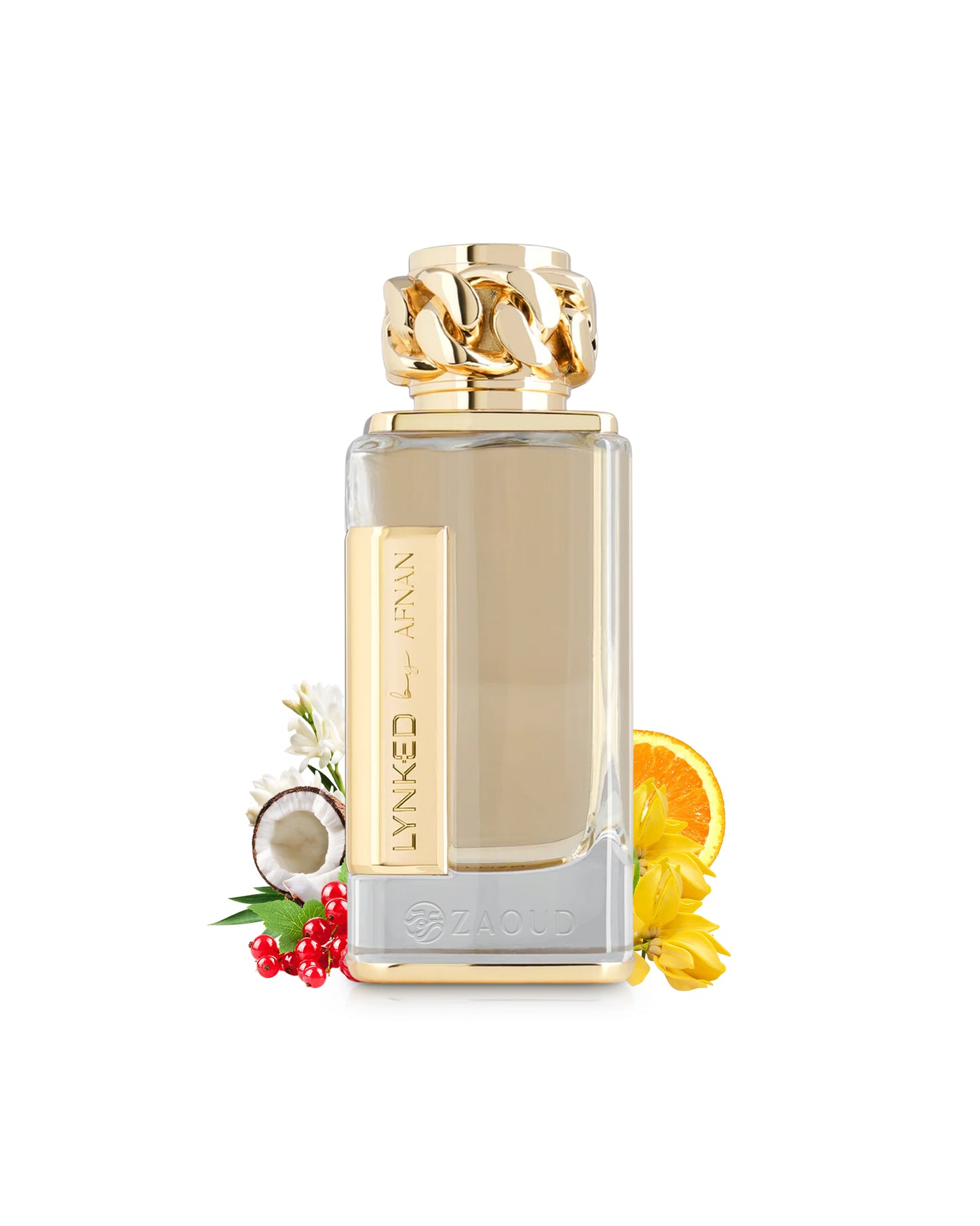 afnan lynked forever perfume bottle surrounded by fragrance notes like coconut and yellow flowers shows against white background