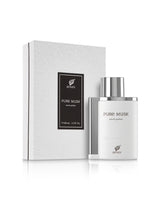 afnan pure musk perfume bottle shows beside its packaging against white background