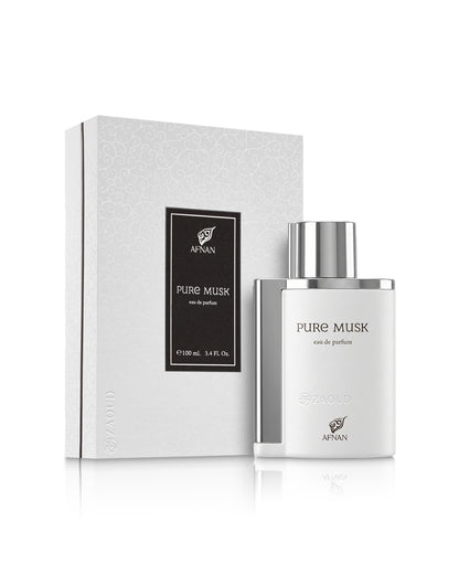 afnan pure musk perfume bottle shows beside its packaging against white background