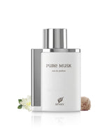 afnan pure musk perfume bottle surrounded with fragrance notes like musk and jasmine shows against white background
