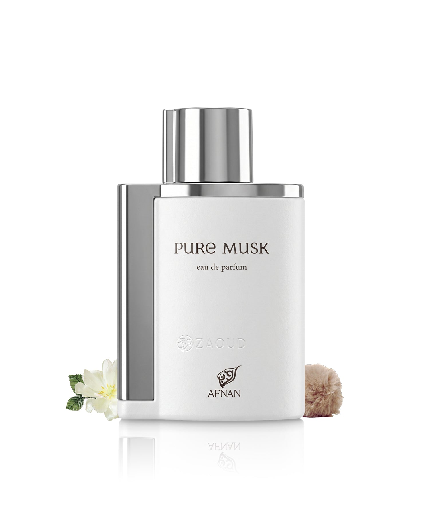 afnan pure musk perfume bottle surrounded with fragrance notes like musk and jasmine shows against white background