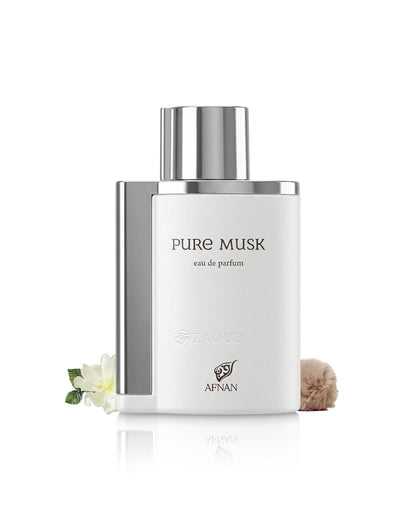afnan pure musk perfume bottle surrounded with fragrance notes like musk and jasmine shows against white background