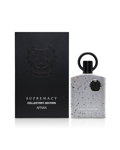 afnan SUPREMACY COLLECTORS EDITION perfume bottle shows beside its box  against white background