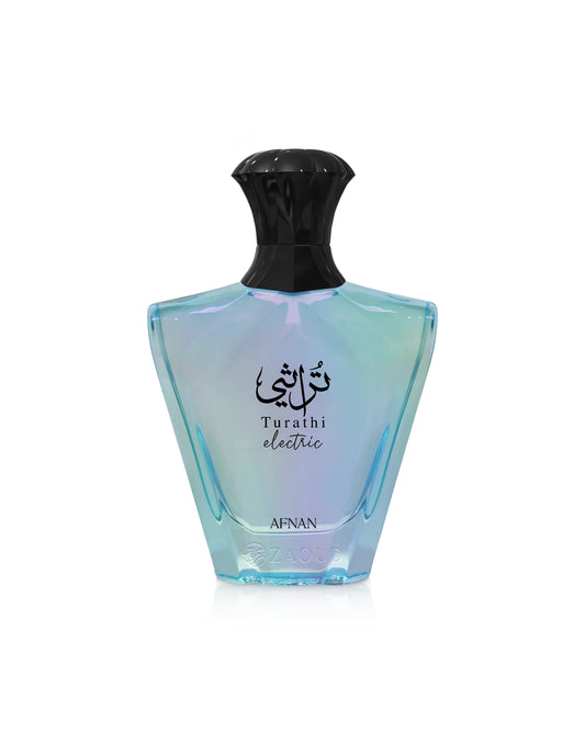 Afnan turathi electric Perfume bottle with gradient blue design and black cap on a white background