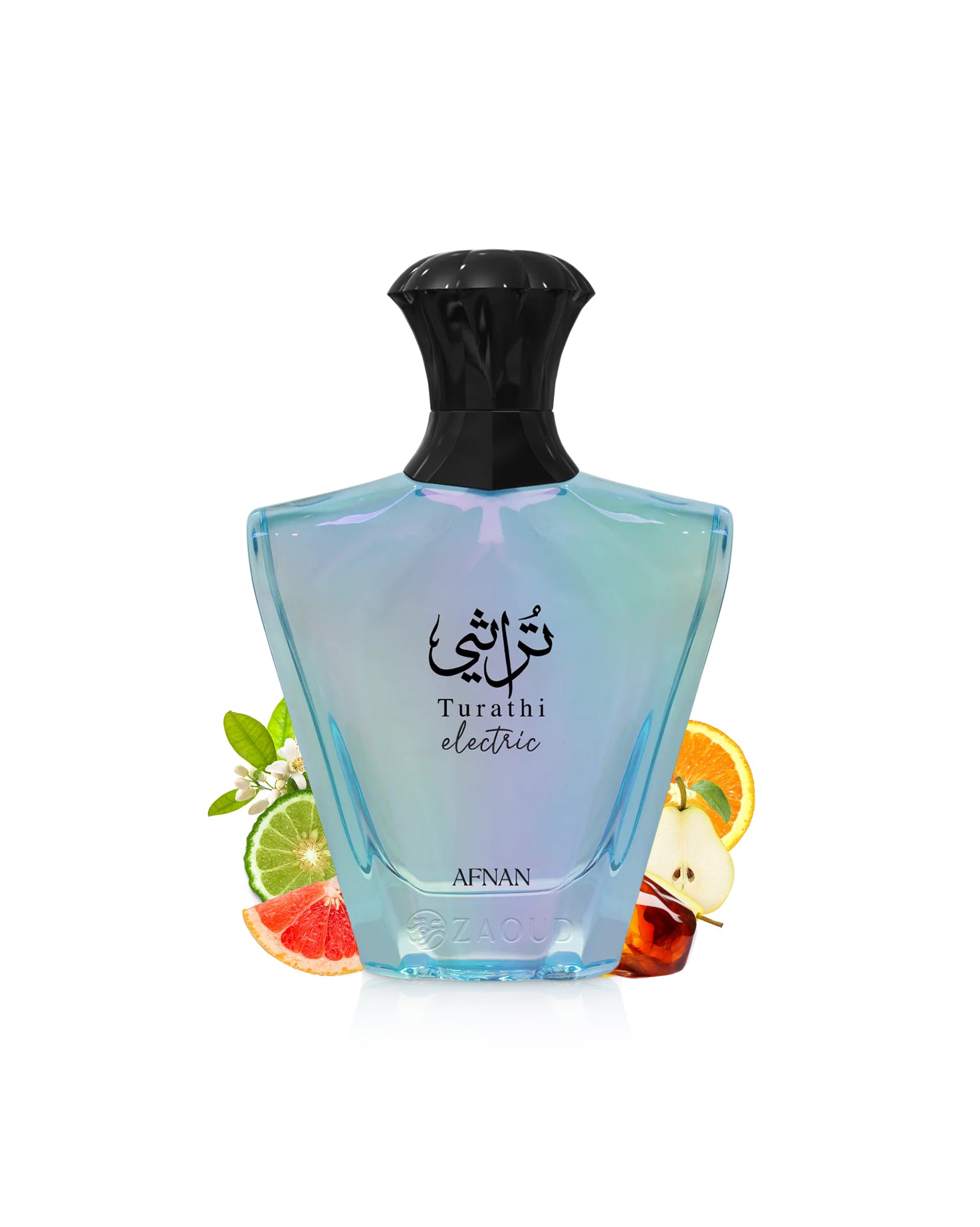 Perfume bottle labeled 'Turathi electric' by AFNAN with fruit slices in the background on a white background