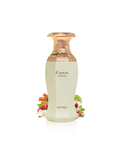 afnan kiaana angel perfume bottle surrounded with fragrance notes like pistachio jasmine shows against white background