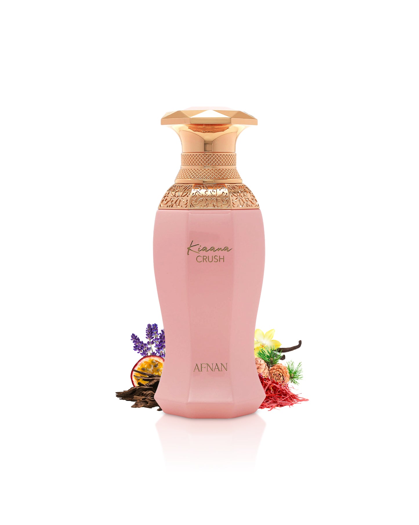 afnan kiaana crush perfume bottle surrounded with fragrance notes like oud and saffron shows against white background