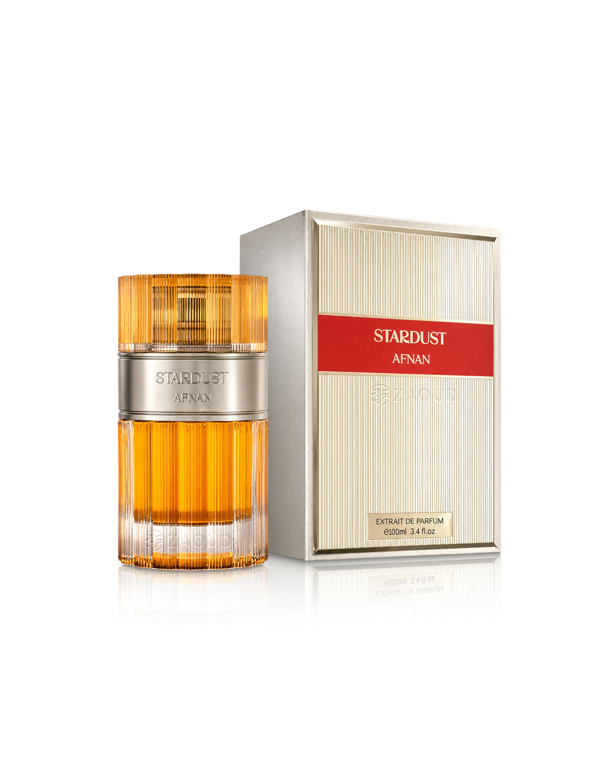 lattafa stardust perfume bottle shows beside its packaging against white background