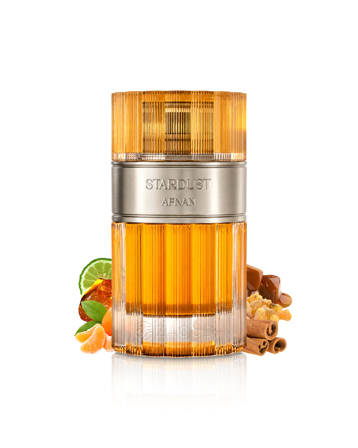 lattafa stardust perfume bottle surrounded with fragrance notes like cinnamon and orange shows against white background
