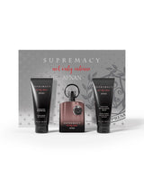 afnan supremacy not only intense giftset, featuring a central dark brown bottle with a black cap, flanked by two black shower gel and body wash tubes, all set against a gray decorative backdrop card.