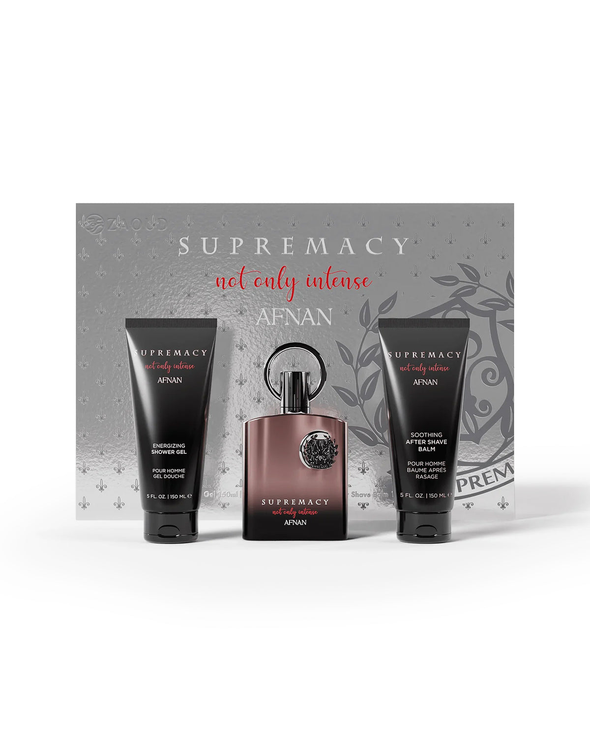 afnan supremacy not only intense giftset, featuring a central dark brown bottle with a black cap, flanked by two black shower gel and body wash tubes, all set against a gray decorative backdrop card.