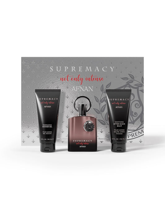 afnan supremacy not only intense giftset, featuring a central dark brown bottle with a black cap, flanked by two black shower gel and body wash tubes, all set against a gray decorative backdrop card.