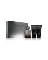 afnan supremacy not only intense giftset featuring a dark metallic spray bottle, two black body care tubes, and a textured dark gray box on a white background.