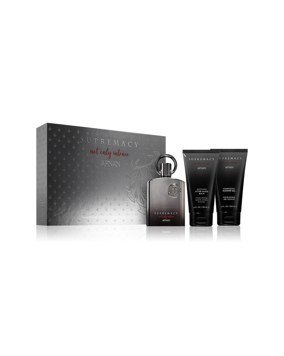 afnan supremacy not only intense giftset featuring a dark metallic spray bottle, two black body care tubes, and a textured dark gray box on a white background.