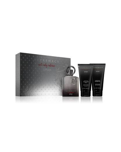 afnan supremacy not only intense giftset featuring a dark metallic spray bottle, two black body care tubes, and a textured dark gray box on a white background.