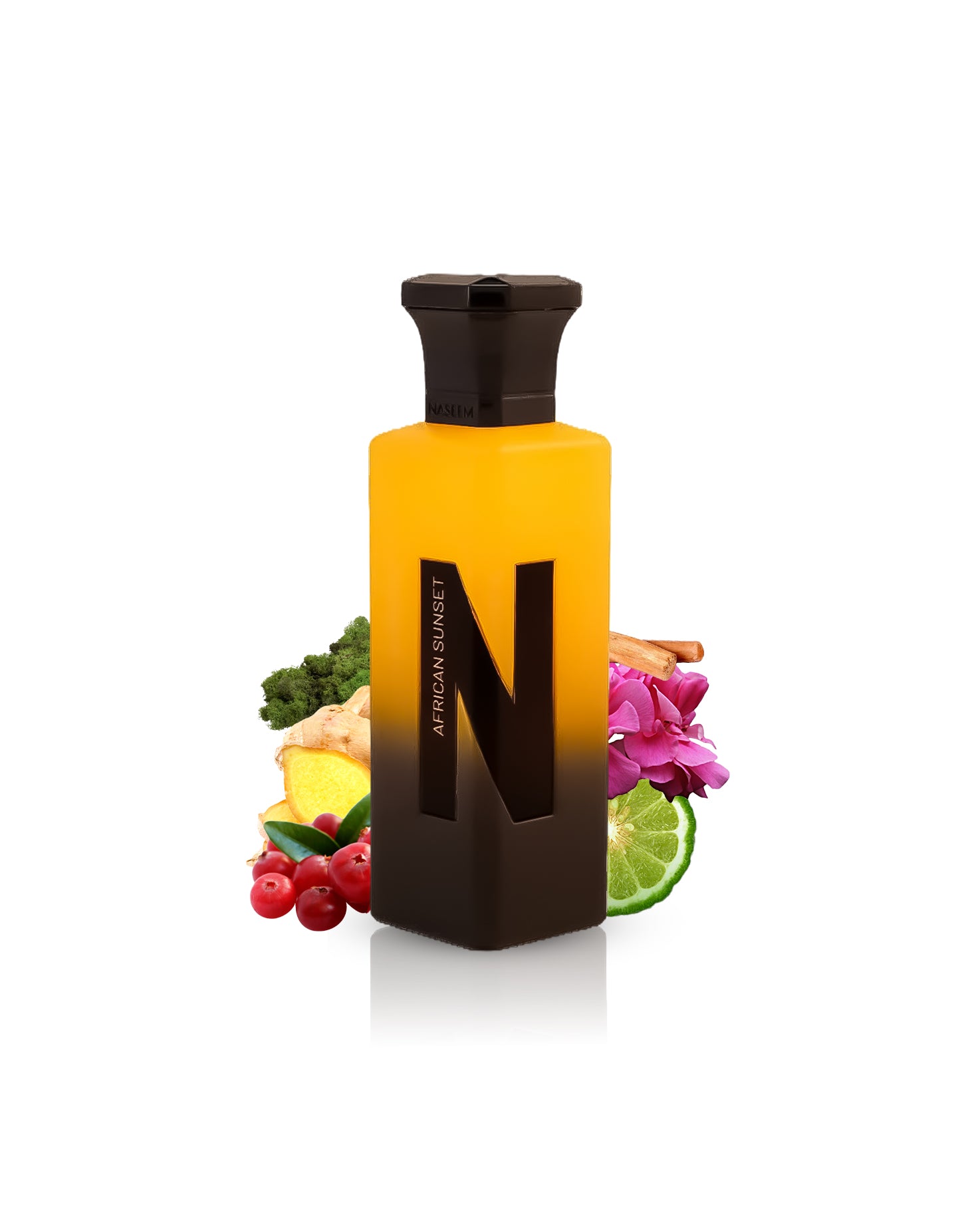 african sunset aqua parfum bottle surrounded by ginger citrus against white background