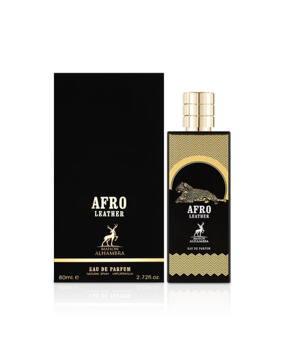 afro leather by maison alhambra perfume bottle shows beside box against white background