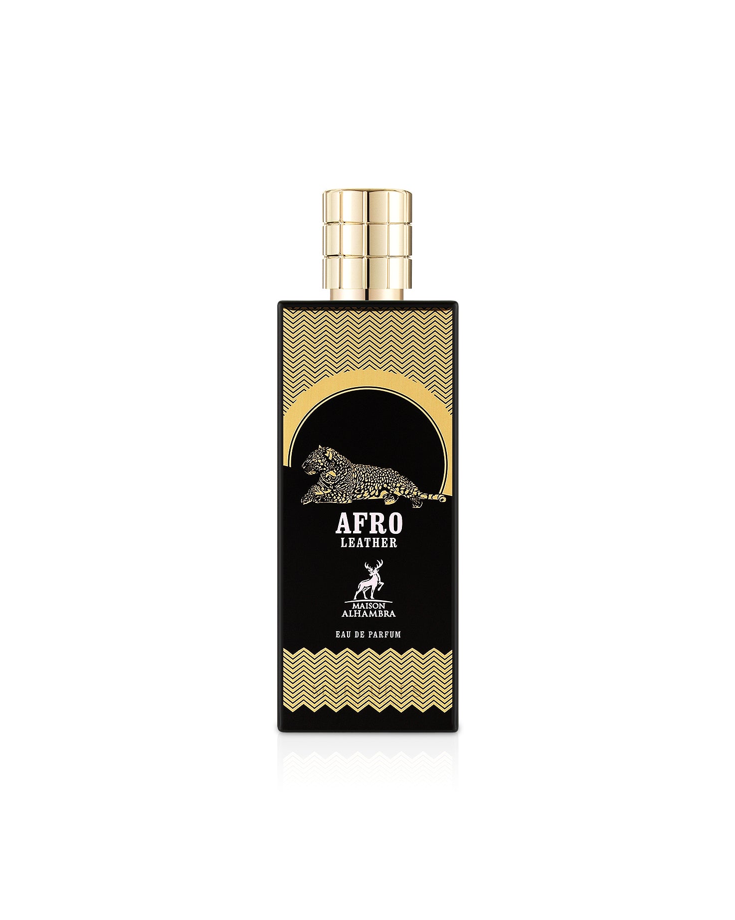 afro leather by maison alhambra perfume bottle shows against white background