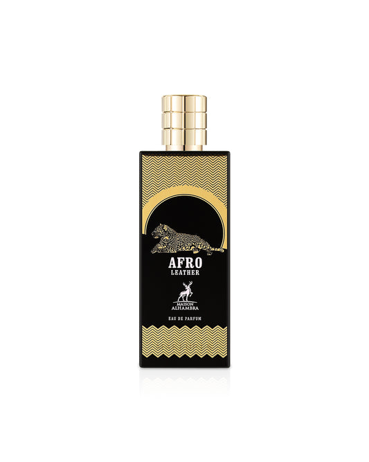 afro leather by maison alhambra perfume bottle shows against white background