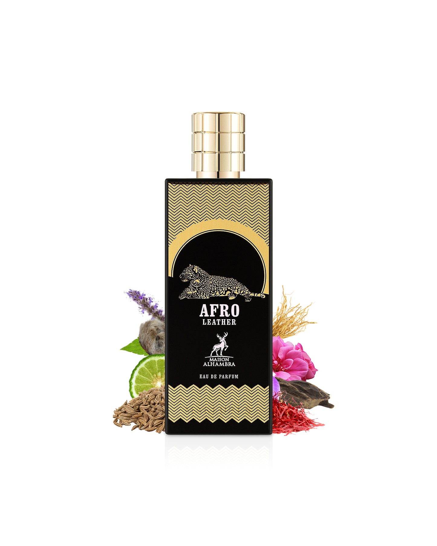 afro leather by maison alhambra perfume bottle surrounded with its ingredients like cumin and saffron with many others shows from behind the bottle against white background