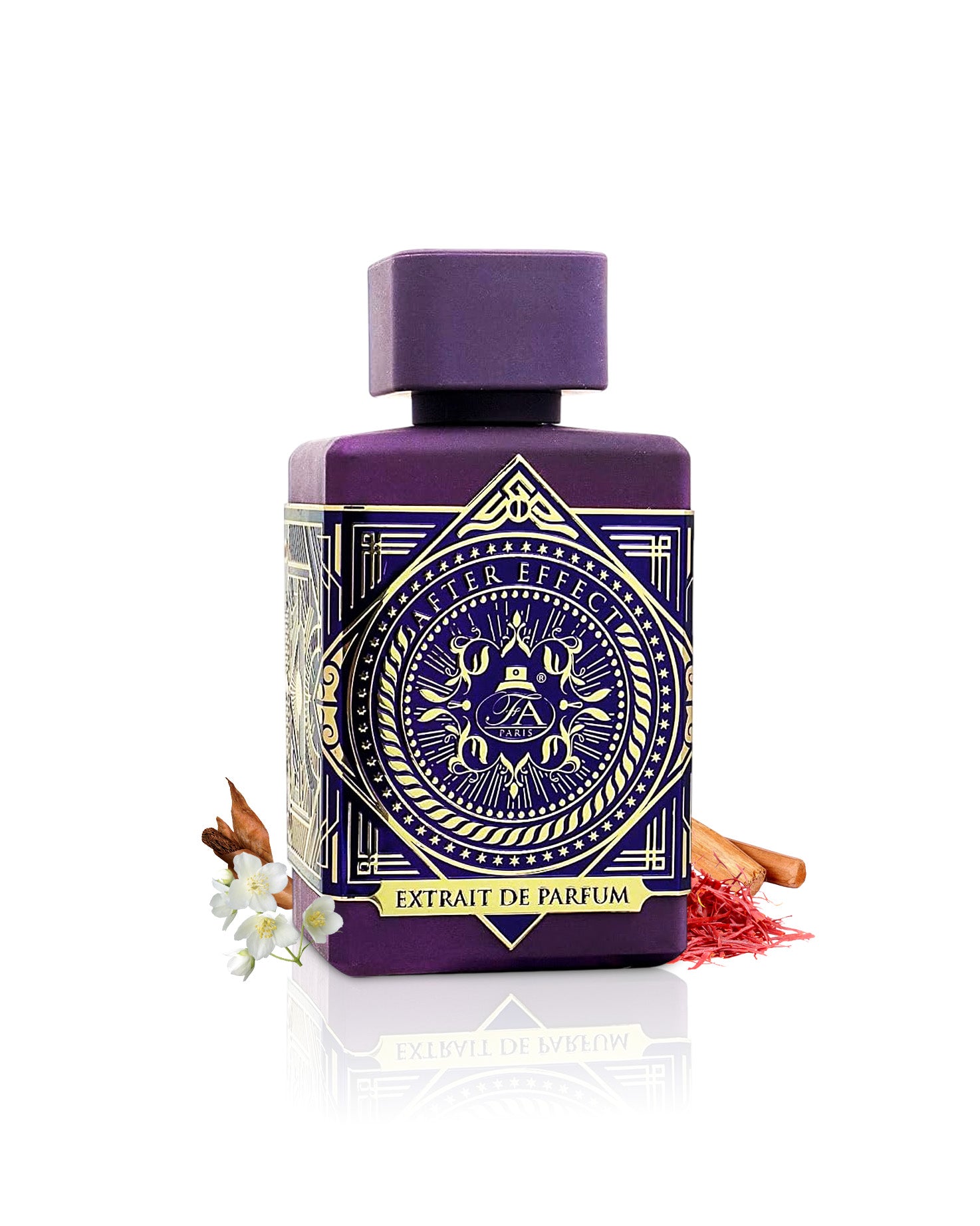 after effect extrait perfume bottle surrounded with fragrance notes like jasmine and saffron shows against white background