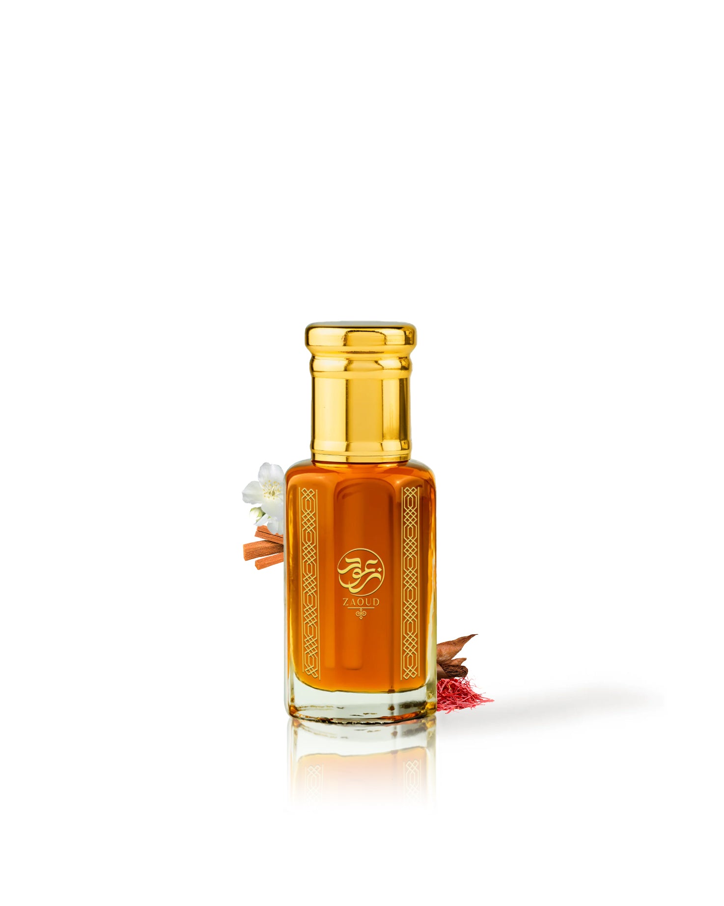 afterglow side effect perfume oil bottle surrounded with fragrance notes like saffron and tobacco from behind the bottle against white background