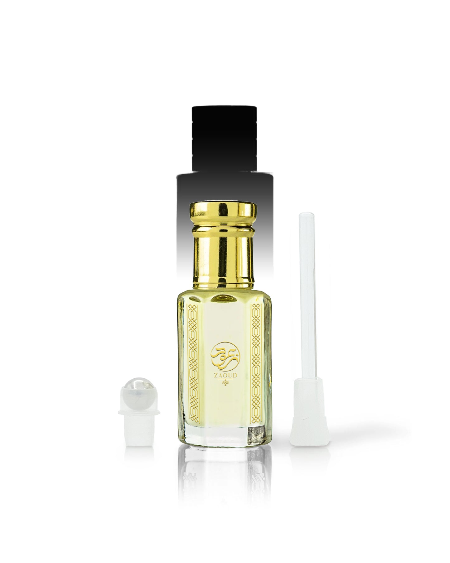 agarose perfume oil bottle with a shiny gold cap, and a black collar, shown on a white background with a white applicator wand and a small white cap piece beside it.