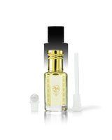 agarose perfume oil bottle with a shiny gold cap, and a black collar, shown on a white background with a white applicator wand and a small white cap piece beside it.