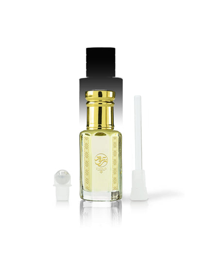 agarose perfume oil bottle with a shiny gold cap, and a black collar, shown on a white background with a white applicator wand and a small white cap piece beside it.