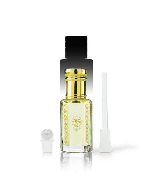 agarose perfume oil bottle with a shiny gold cap, and a black collar, shown on a white background with a white applicator wand and a small white cap piece beside it.